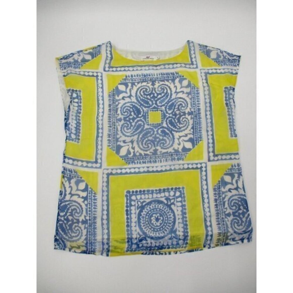 Vineyard Vines Womens Blouse Small Floral Blue Yellow Lined Short Sleeves Casual